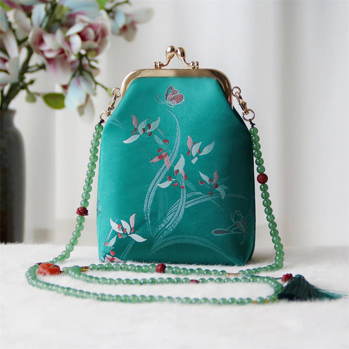 Bolso bandolera con cadena de perlas y bordado chino retro con Buddha Stones - Mariposa orquídea verde 14*6*18cm - image 28