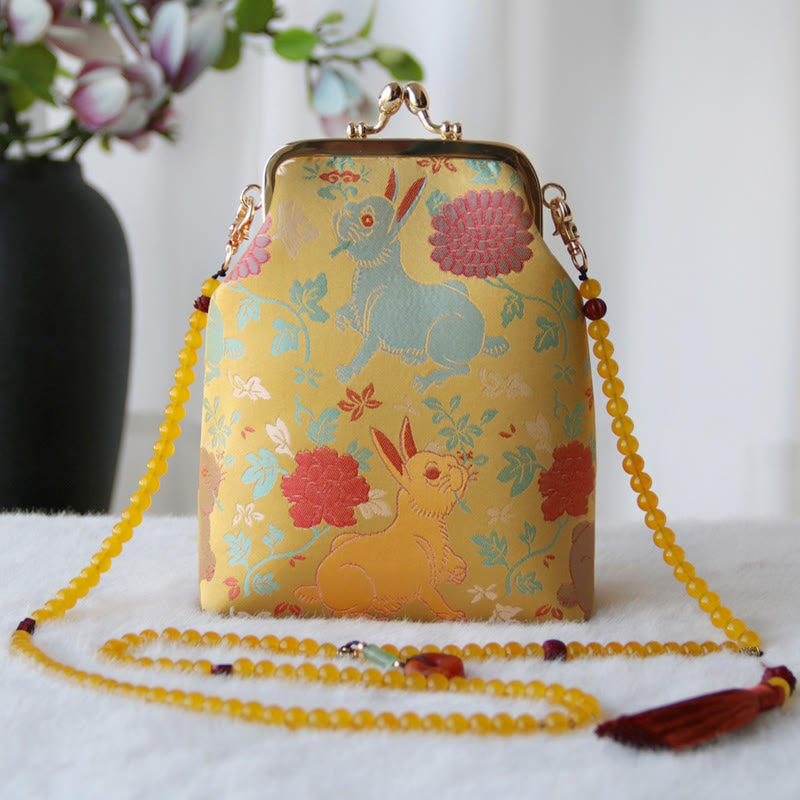 Bolso bandolera con cadena de perlas y bordado chino retro con Buddha Stones - Conejo amarillo con flor roja (14 x 6 x 18 cm) - image 14