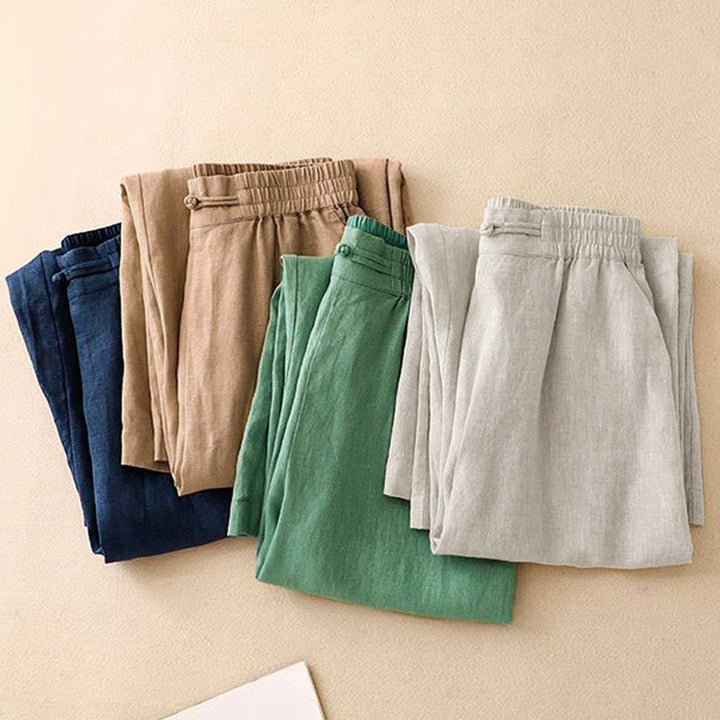 Pantalones anchos de algodón con botones de rana y cintura elástica de color liso para mujer, versátiles y con bolsillos, de Buddha Stones - image 17