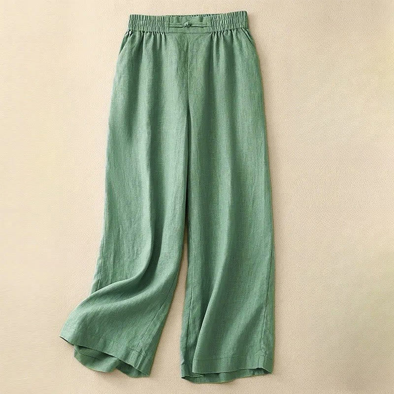 Pantalones anchos de algodón con botones de rana y cintura elástica de color liso para mujer, versátiles y con bolsillos, de Buddha Stones - Verde primavera mediano - US12, UK/AU16, EU44 (3XL) - image 0