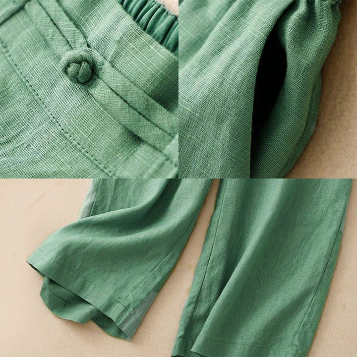 Pantalones anchos de algodón con botones de rana y cintura elástica de color liso para mujer, versátiles y con bolsillos, de Buddha Stones - image 2