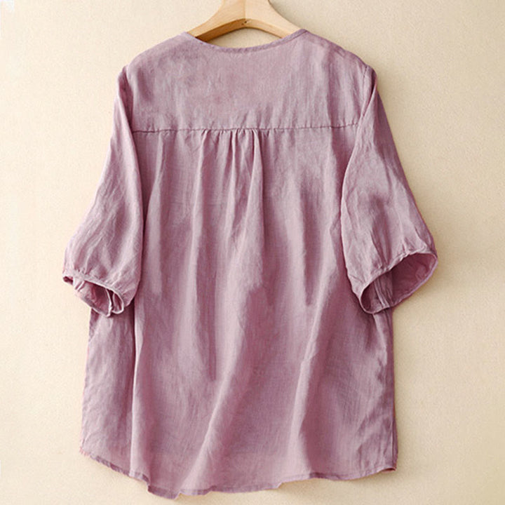 Camisa de algodón de media manga, informal, holgada, con cuello en V y diseño de Buddha Stones para mujer - image 2
