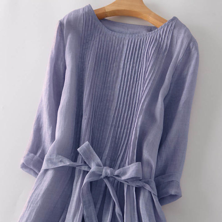 Vestido midi informal de lino y algodón con cuello redondo, mangas cortas y bolsillos, con cordones y estampado Buddha Stones - image 18