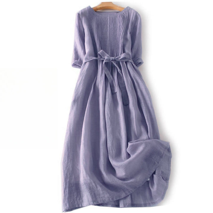 Vestido midi informal de lino y algodón con cuello redondo, mangas cortas y bolsillos, con cordones y estampado Buddha Stones - Cardo - US12, UK/AU16, EU44 (3XL) - image 16