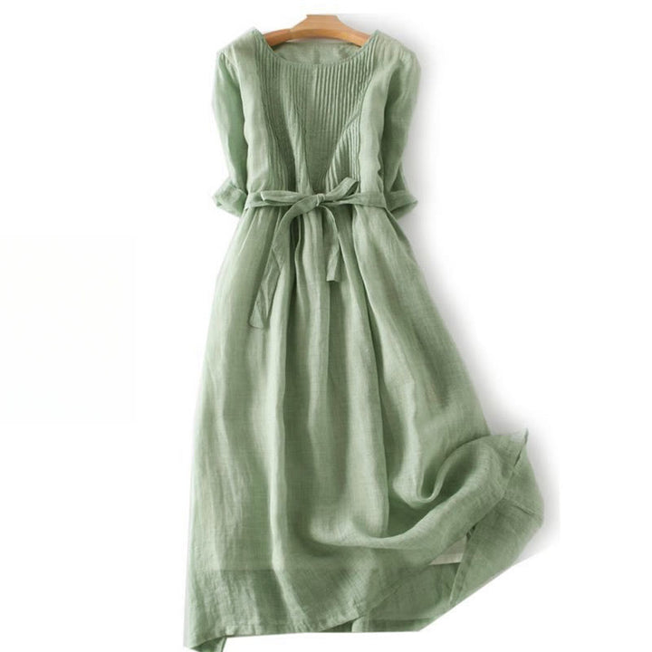 Vestido midi informal de lino y algodón con cuello redondo, mangas cortas y bolsillos, con cordones y estampado Buddha Stones - Verde mar oscuro - US12, UK/AU16, EU44 (3XL) - image 20