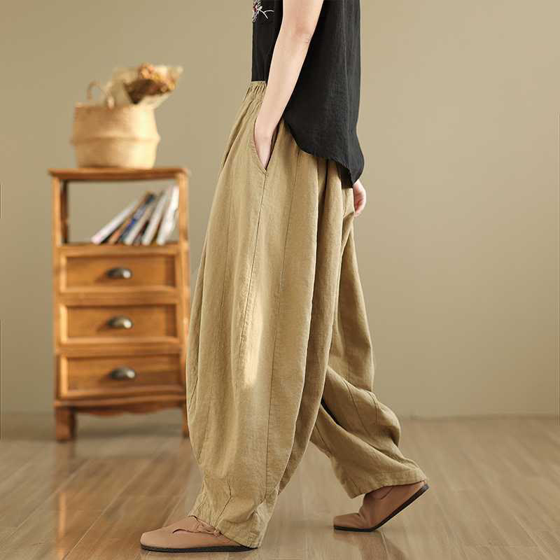 Pantalones harén de lino y algodón para mujer, de diseño sencillo e informal, con bolsillos , de Buddha Stones Spring - image 11