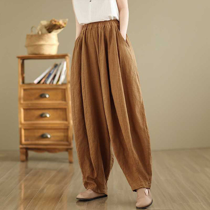 Pantalones harén de lino y algodón para mujer, de diseño sencillo e informal, con bolsillos , de Buddha Stones Spring - image 2