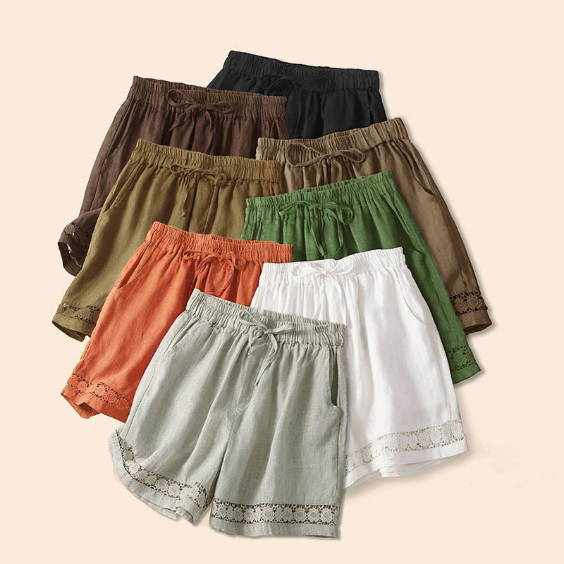 Pantalones cortos de lino y algodón con bolsillos y diseño de encaje hueco con parte inferior de color liso y Buddha Stones para mujer - image 2
