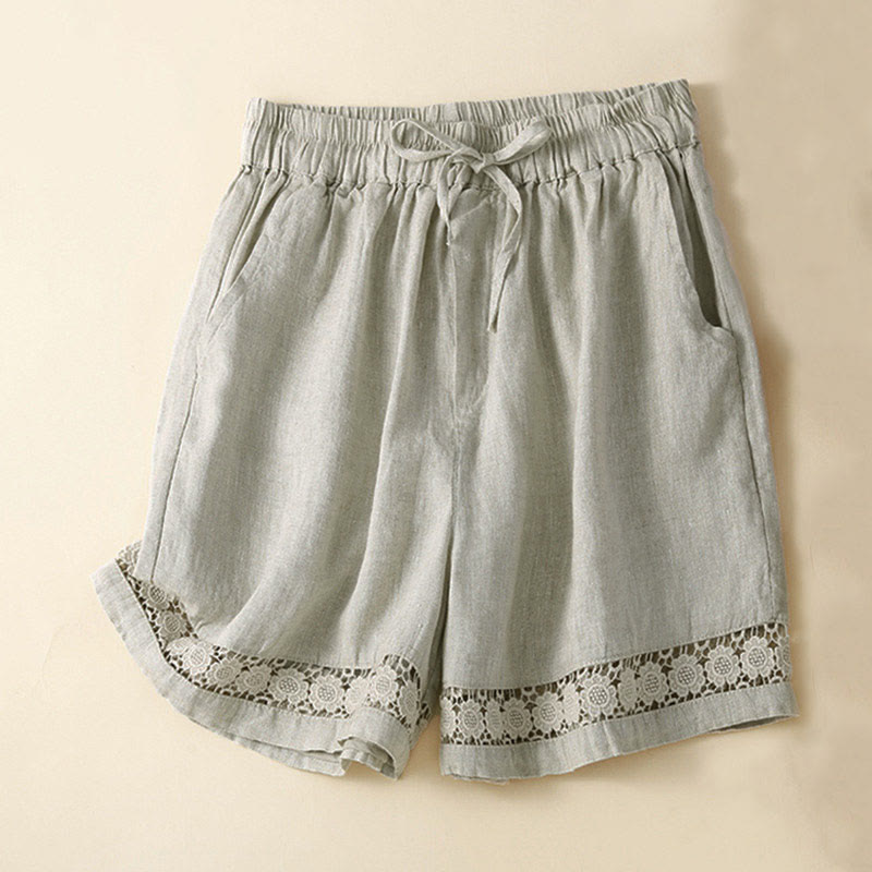 Pantalones cortos de lino y algodón con bolsillos y diseño de encaje hueco con parte inferior de color liso y Buddha Stones para mujer - Beige - US12, UK/AU16, EU44 (3XL) - image 1
