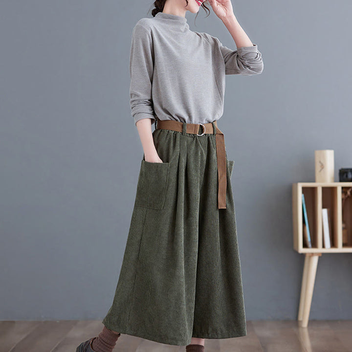 Pantalones de pana de algodón retro Buddha Stones para mujer, de pierna ancha, de largo 7-8, con bolsillos y cinturón - image 15