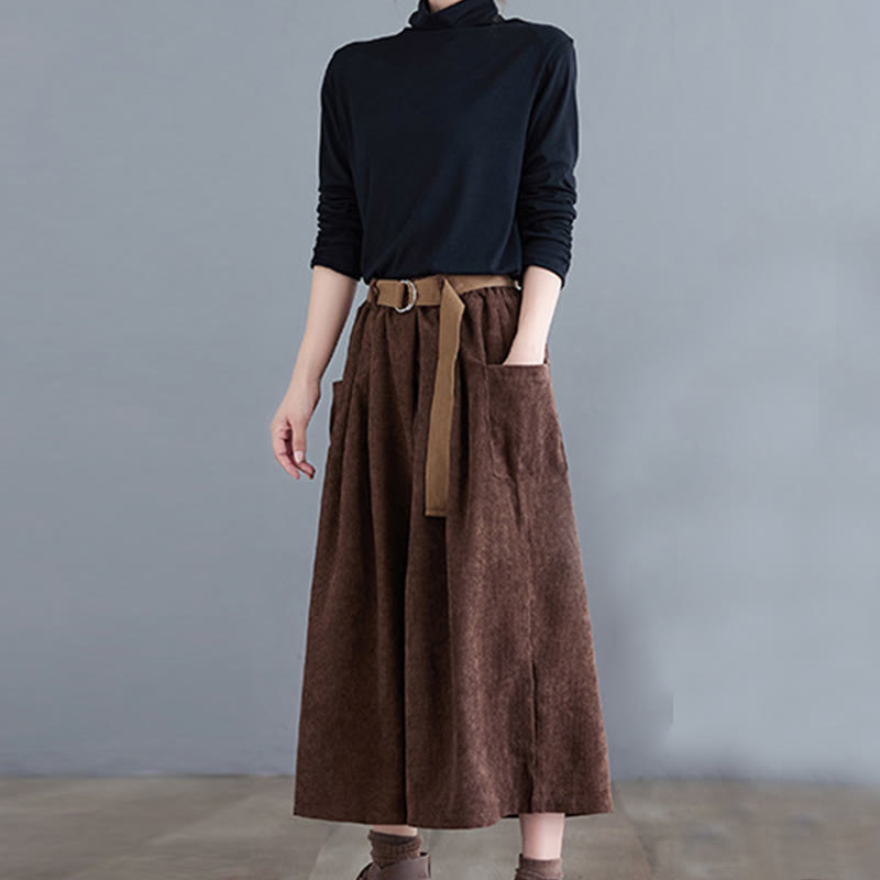 Pantalones de pana de algodón retro Buddha Stones para mujer, de pierna ancha, de largo 7-8, con bolsillos y cinturón - image 20