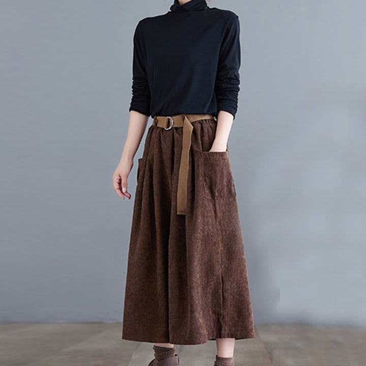 Pantalones de pana de algodón retro Buddha Stones para mujer, de pierna ancha, de largo 7-8, con bolsillos y cinturón - image 20