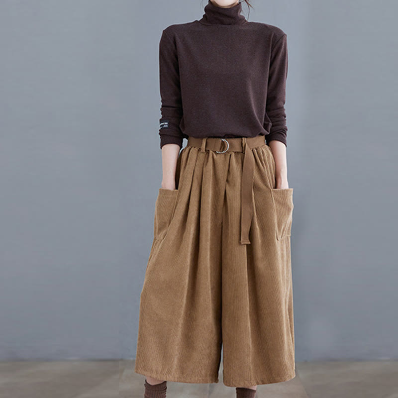 Pantalones de pana de algodón retro Buddha Stones para mujer, de pierna ancha, de largo 7-8, con bolsillos y cinturón - image 6