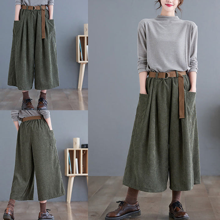 Pantalones de pana retro Buddha Stones para mujer, de pierna ancha, largos 7-8, con bolsillos y cinturón - image 15