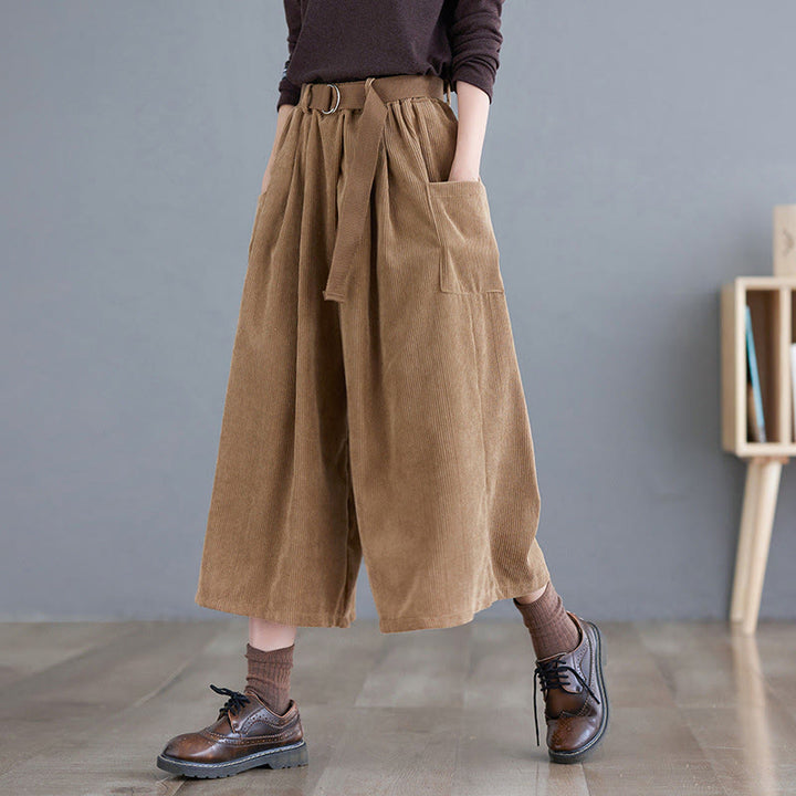 Pantalones de pana retro Buddha Stones para mujer, de pierna ancha, largos 7-8, con bolsillos y cinturón - vara de oro - US12, UK/AU16, EU44 (2XL) - image 0