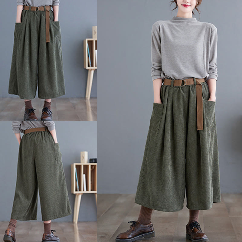 Pantalones de pana retro Buddha Stones para mujer, de pierna ancha, largos 7-8, con bolsillos y cinturón - image 15