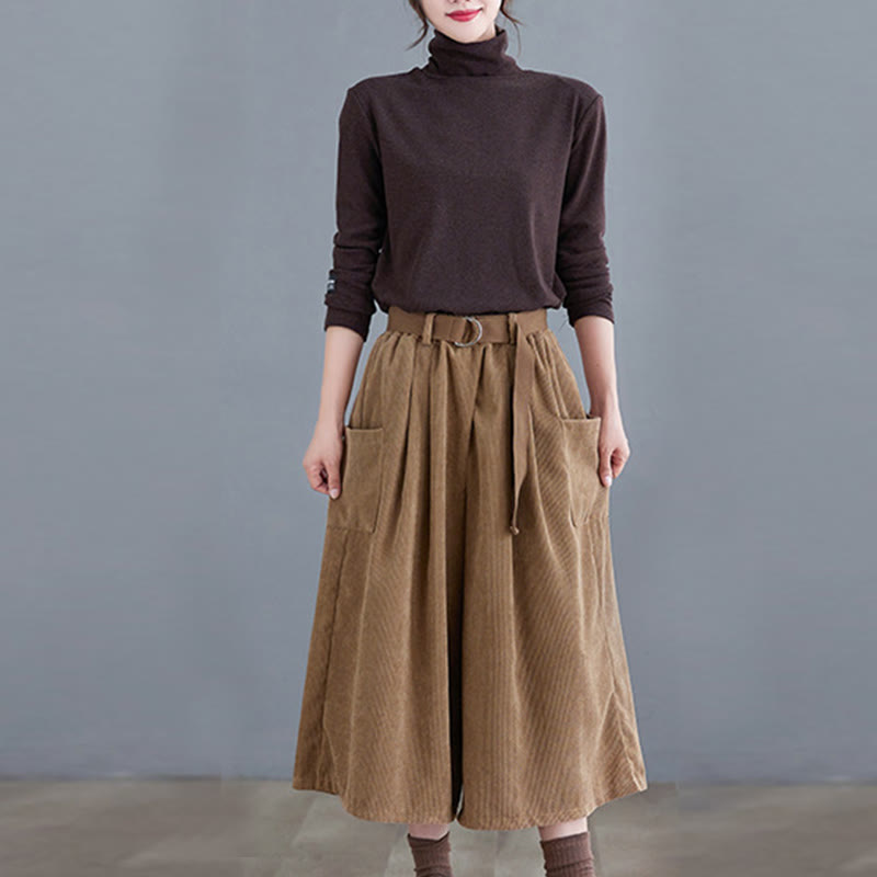 Pantalones de pana de algodón retro Buddha Stones para mujer, de pierna ancha, de largo 7-8, con bolsillos y cinturón - image 5