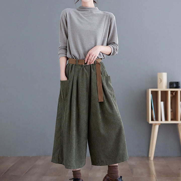 Pantalones de pana de algodón retro Buddha Stones para mujer, de pierna ancha, de largo 7-8, con bolsillos y cinturón - image 14