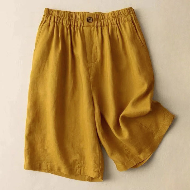 Pantalones cortos de verano informales de algodón y lino con cremallera y botones para mujer, con bolsillos y estampado de Buddha Stones - Vara de oro - US8-10, UK/AU12-14, UE40-42 (3XL) - image 3
