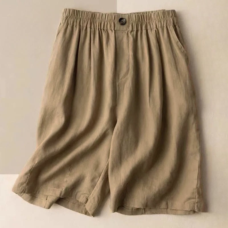 Pantalones cortos de mujer de algodón y lino lisos con botones y bolsillos, estampado Buddha Stones, estilo casual de verano. - BurlyWood - US8-10, UK/AU12-14, EU40-42 (3XL) - image 0