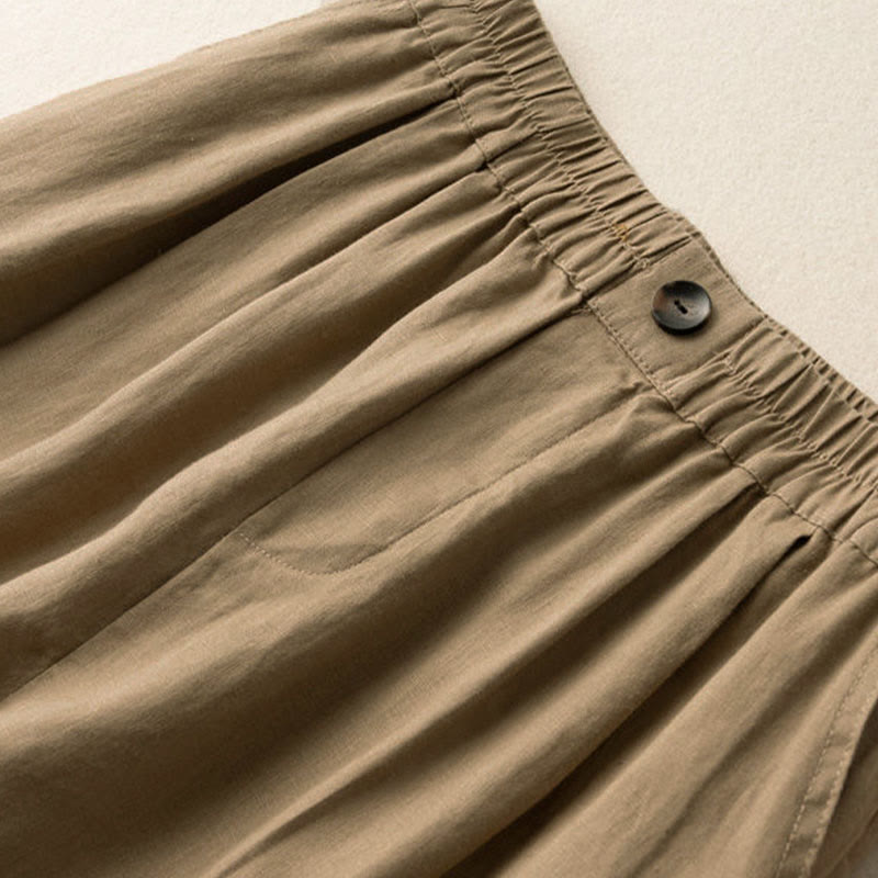 Pantalones cortos de mujer de algodón y lino lisos con botones y bolsillos, estampado Buddha Stones, estilo casual de verano. - image 1