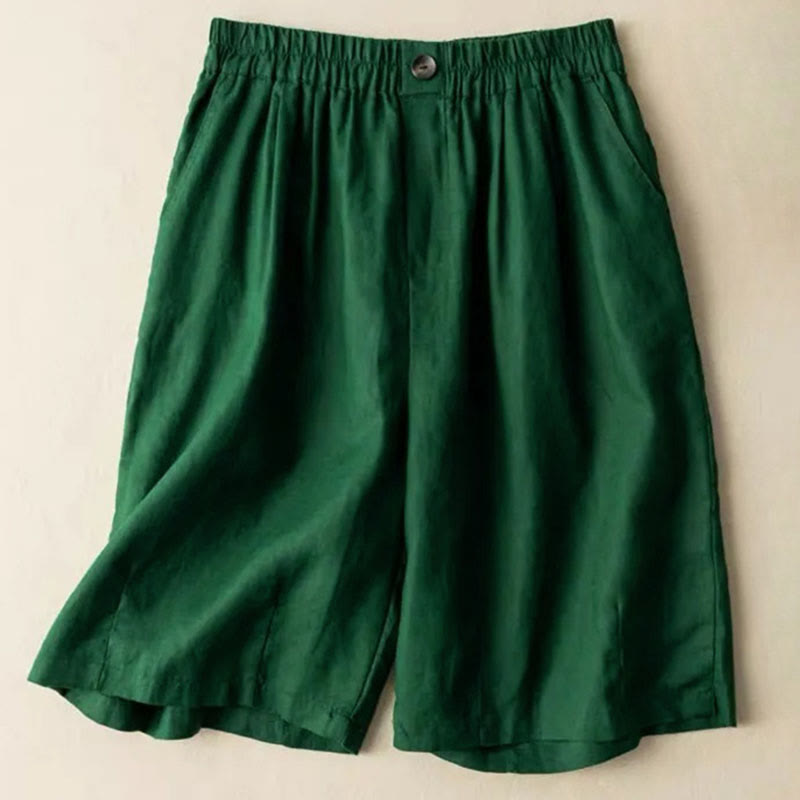 Pantalones cortos de mujer de algodón y lino lisos con botones y bolsillos, estampado Buddha Stones, estilo casual de verano. - Verde - US8-10, UK/AU12-14, EU40-42 (3XL) - image 4