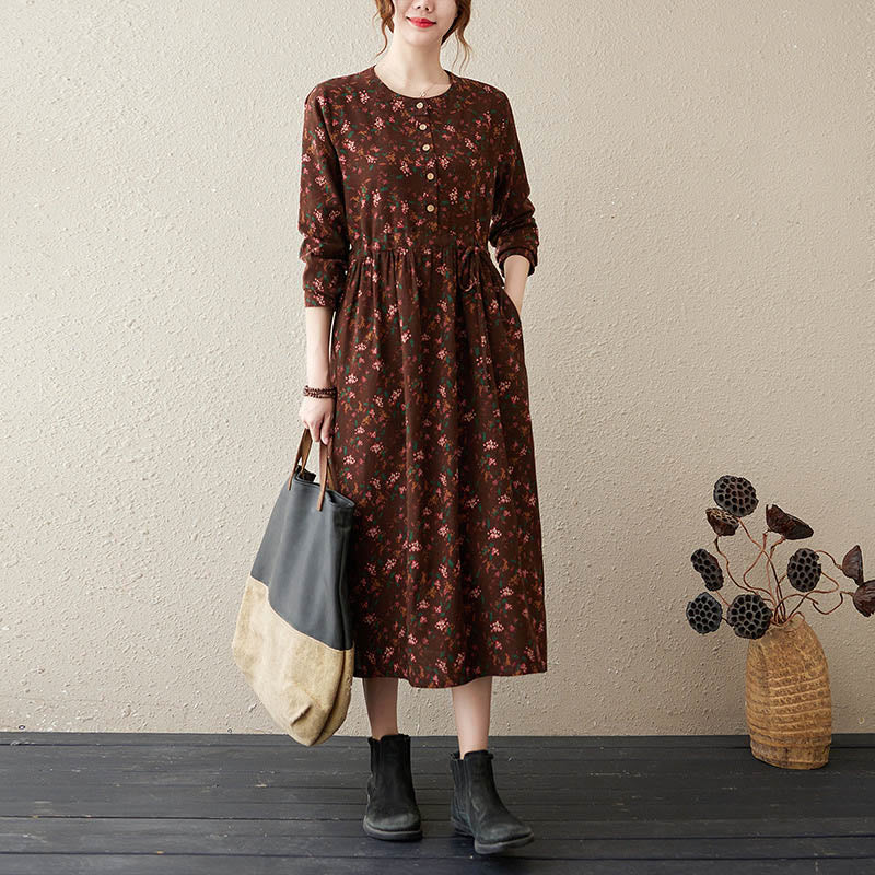 Vestido midi de manga larga con botones y bolsillos, estampado étnico floral con Buddha Stones. - Marrón silla de montar - US12, UK/AU16, EU44 (3XL) - image 0