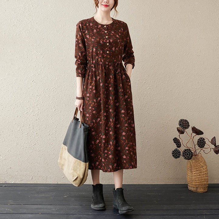 Vestido midi de manga larga con botones y bolsillos, estampado étnico floral con Buddha Stones. - Marrón silla de montar - US12, UK/AU16, EU44 (3XL) - image 0