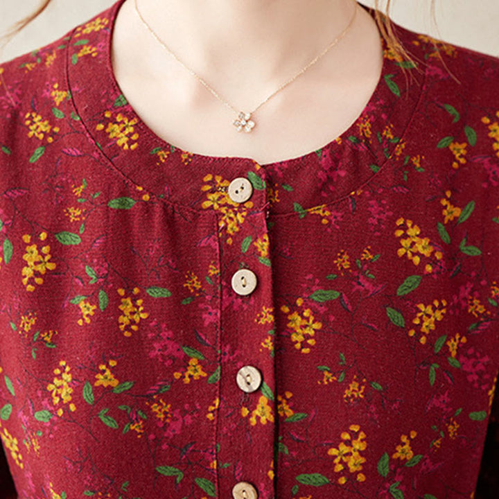 Vestido midi de manga larga con botones y bolsillos, estampado étnico floral con Buddha Stones. - image 15