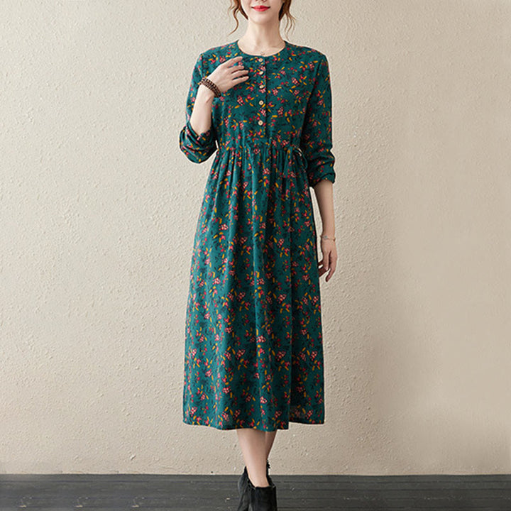 Vestido midi de manga larga con botones y bolsillos, estampado étnico floral con Buddha Stones. - image 7