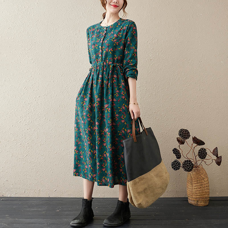 Vestido midi de lino y algodón con bolsillos, estampado floral étnico de Buddha Stones , manga larga y botones. - Cian oscuro - US12, UK/AU16, EU44 (3XL) - image 6