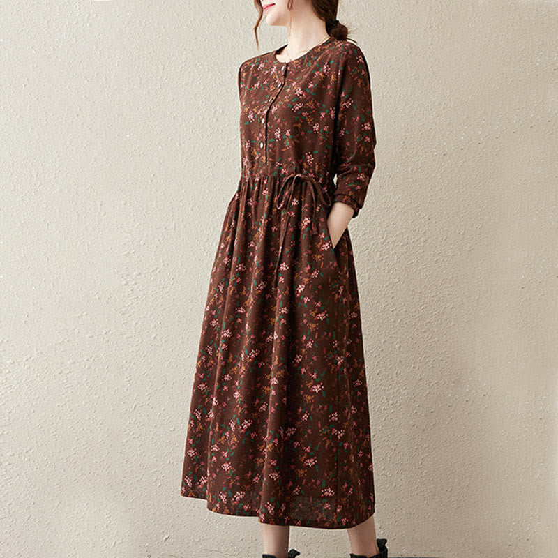 Vestido midi de manga larga con botones y bolsillos, estampado étnico floral con Buddha Stones. - image 3
