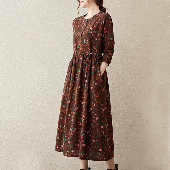 Vestido midi de manga larga con botones y bolsillos, estampado étnico floral con Buddha Stones. - image 3