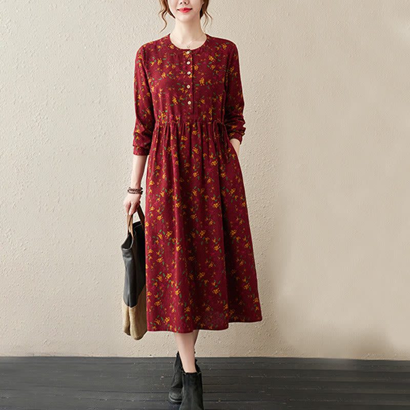 Vestido midi de manga larga con botones y bolsillos, estampado étnico floral con Buddha Stones. - image 14