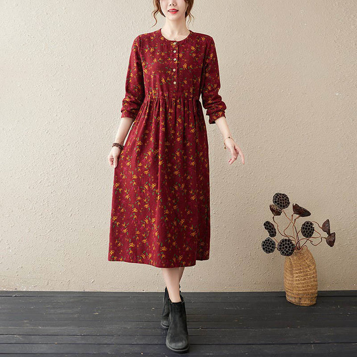 Vestido midi de lino y algodón con bolsillos, estampado floral étnico de Buddha Stones , manga larga y botones. - Ladrillo refractario - US12, UK/AU16, EU44 (3XL) - image 11