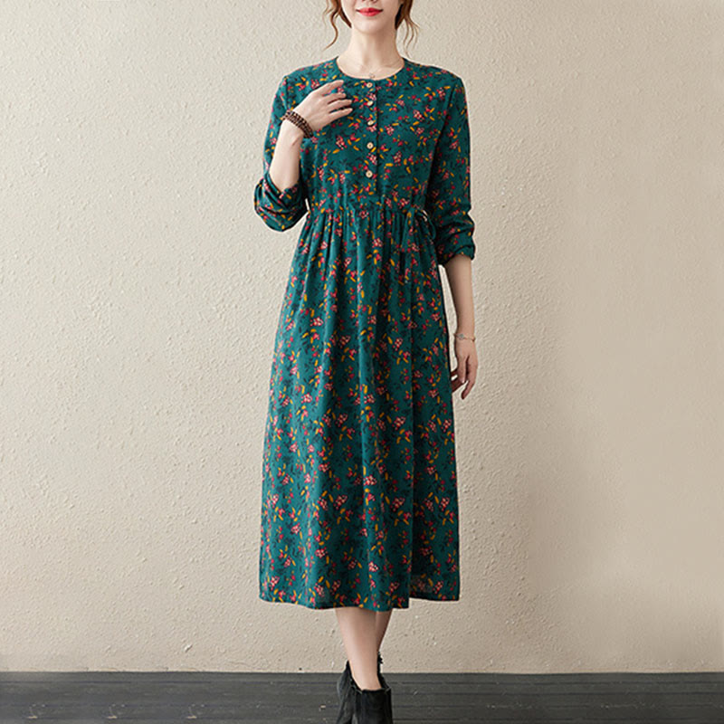 Vestido midi de lino y algodón con bolsillos, estampado floral étnico de Buddha Stones , manga larga y botones. - image 8