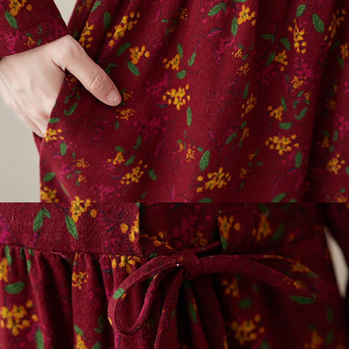 Vestido midi de lino y algodón con bolsillos, estampado floral étnico de Buddha Stones , manga larga y botones. - image 19