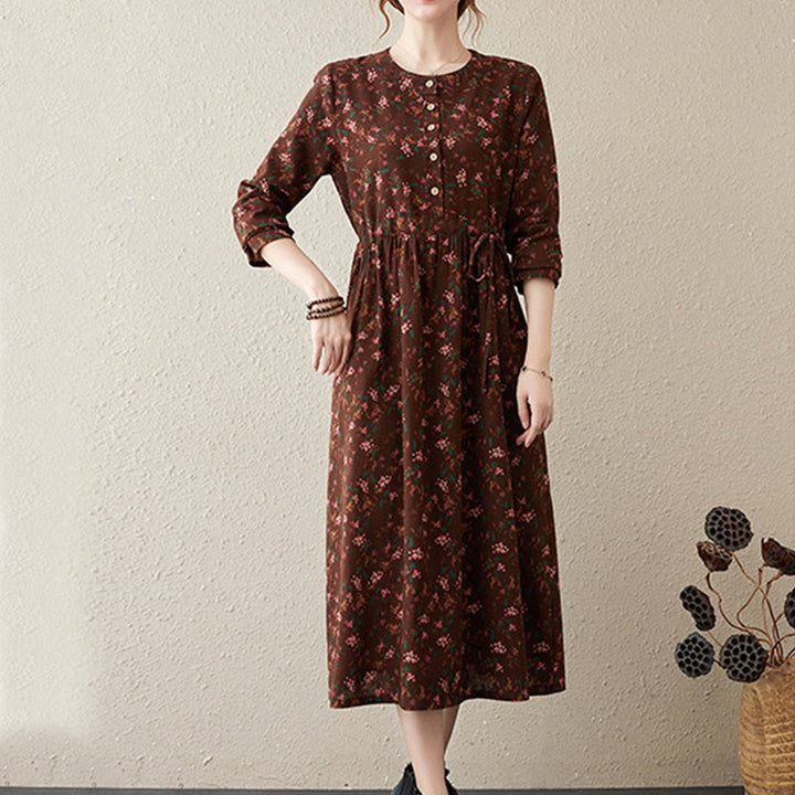 Vestido midi de lino y algodón con bolsillos, estampado floral étnico de Buddha Stones , manga larga y botones. - image 3