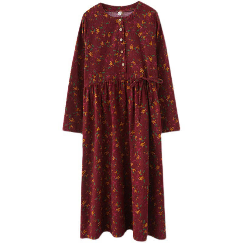 Vestido midi de lino y algodón con bolsillos, estampado floral étnico de Buddha Stones , manga larga y botones. - image 21