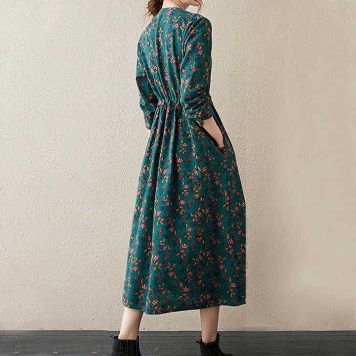 Vestido midi de manga larga con botones y bolsillos, estampado étnico floral con Buddha Stones. - image 8
