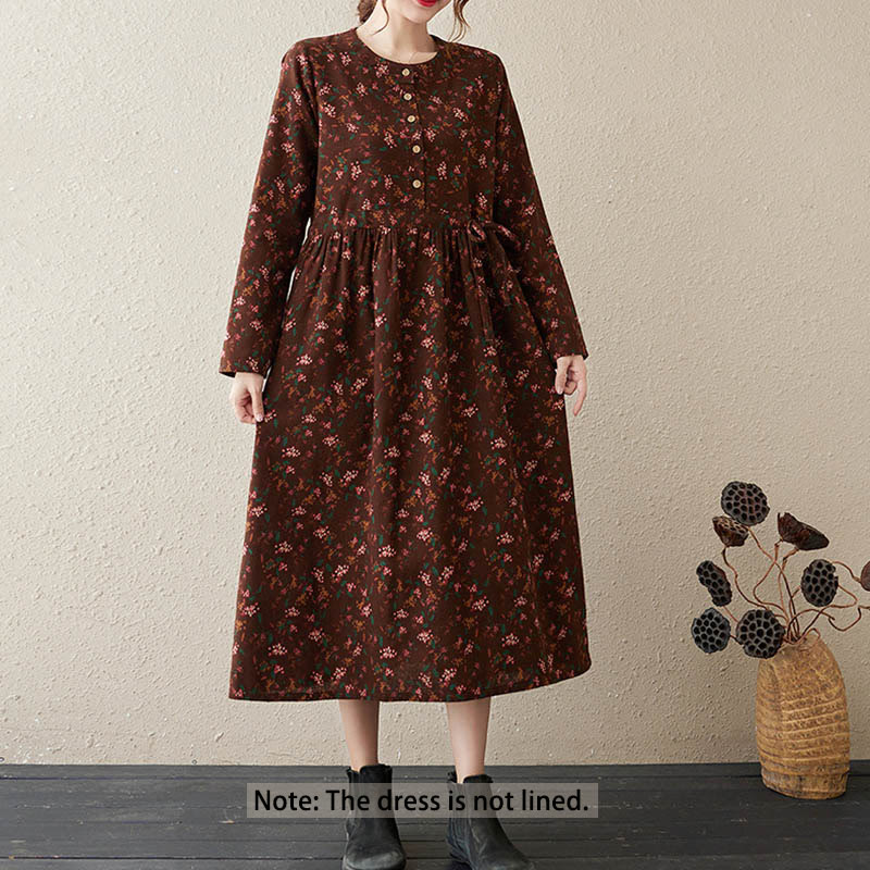 Vestido midi de manga larga con botones y bolsillos, estampado étnico floral con Buddha Stones. - image 1
