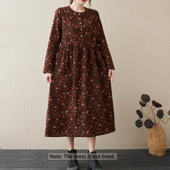 Vestido midi de manga larga con botones y bolsillos, estampado étnico floral con Buddha Stones. - image 1
