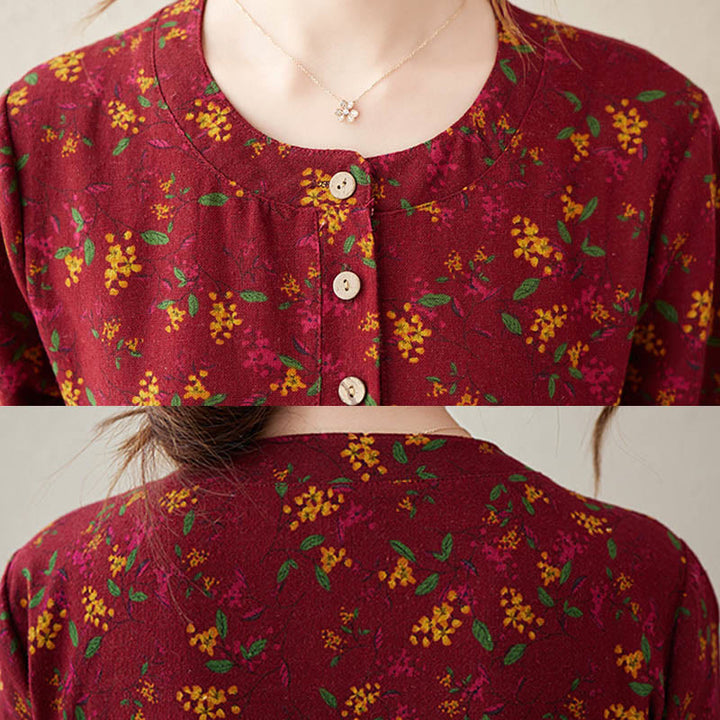 Vestido midi de lino y algodón con bolsillos, estampado floral étnico de Buddha Stones , manga larga y botones. - image 17