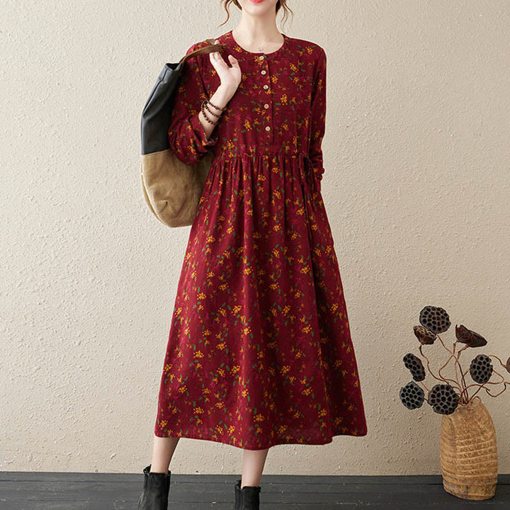 Vestido midi de lino y algodón con bolsillos, estampado floral étnico de Buddha Stones , manga larga y botones. - image 13