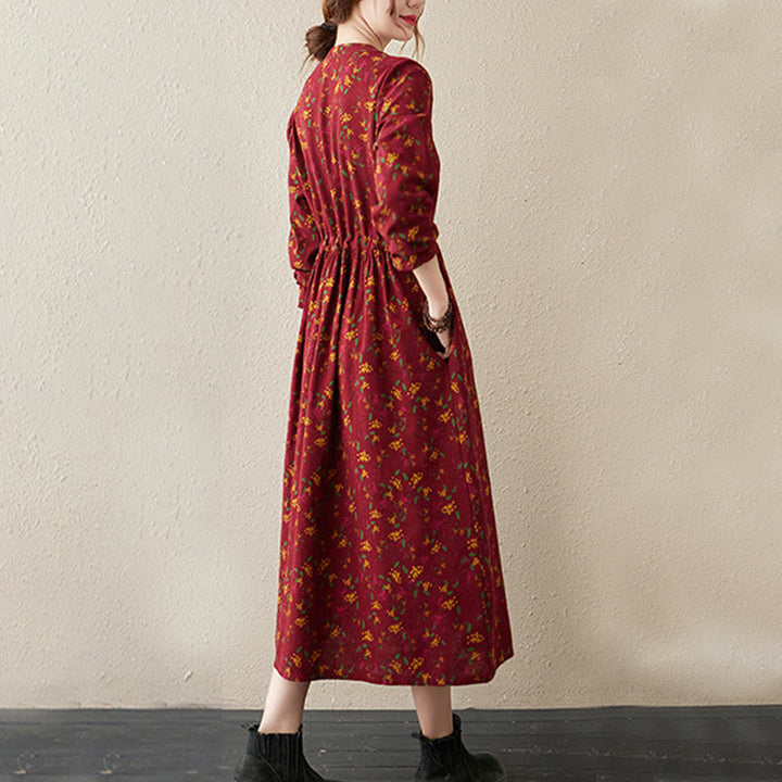 Vestido midi de lino y algodón con bolsillos, estampado floral étnico de Buddha Stones , manga larga y botones. - image 14