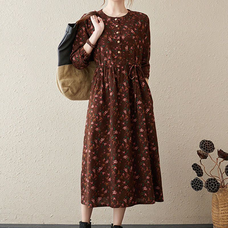 Vestido midi de lino y algodón con bolsillos, estampado floral étnico de Buddha Stones , manga larga y botones. - image 5