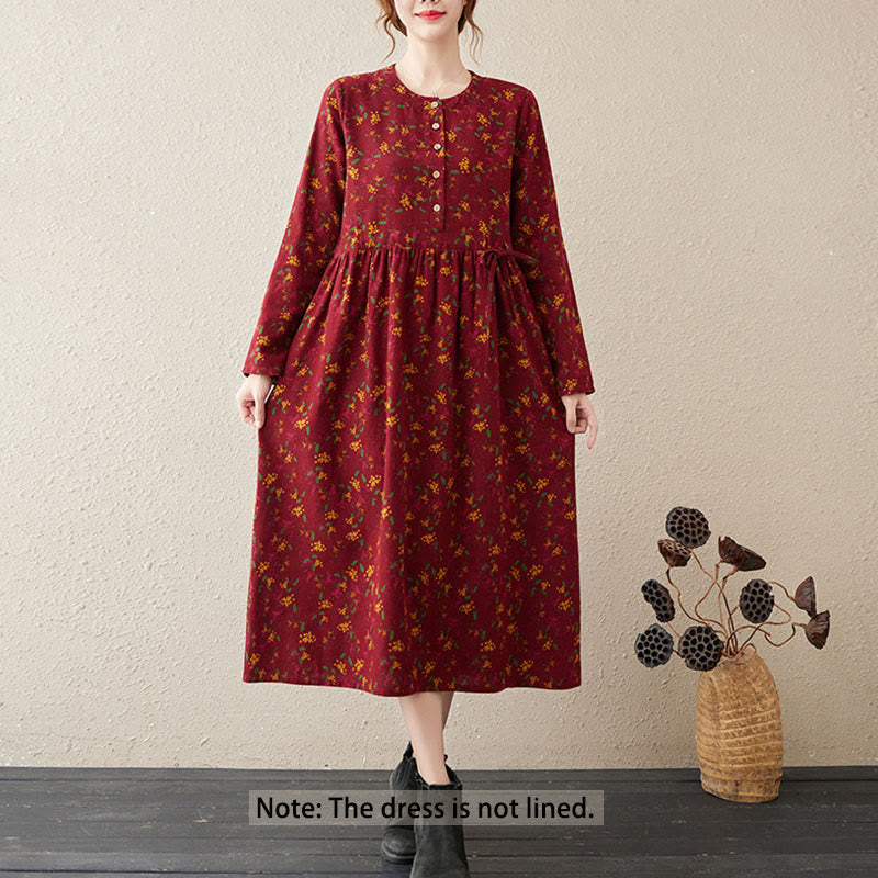 Vestido midi de lino y algodón con bolsillos, estampado floral étnico de Buddha Stones , manga larga y botones. - image 12