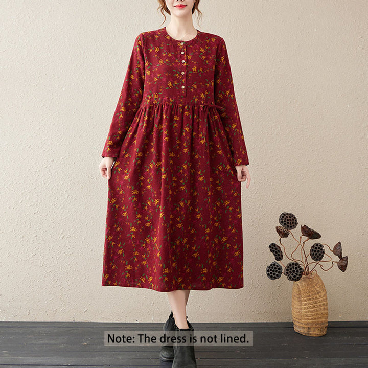 Vestido midi de lino y algodón con bolsillos, estampado floral étnico de Buddha Stones , manga larga y botones. - image 12