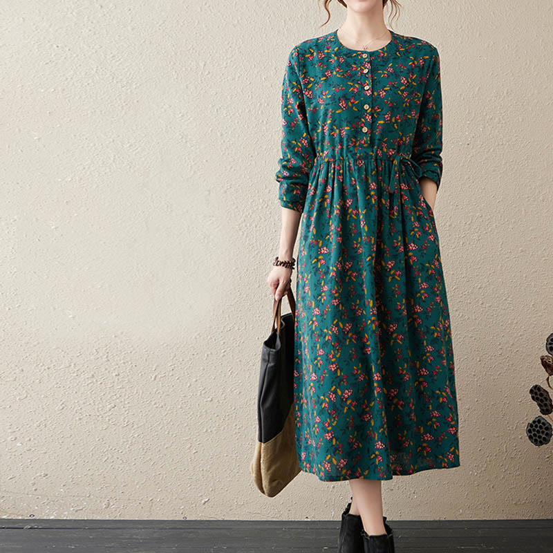 Vestido midi de lino y algodón con bolsillos, estampado floral étnico de Buddha Stones , manga larga y botones. - image 10