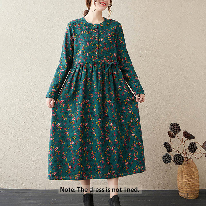 Vestido midi de manga larga con botones y bolsillos, estampado étnico floral con Buddha Stones. - image 6